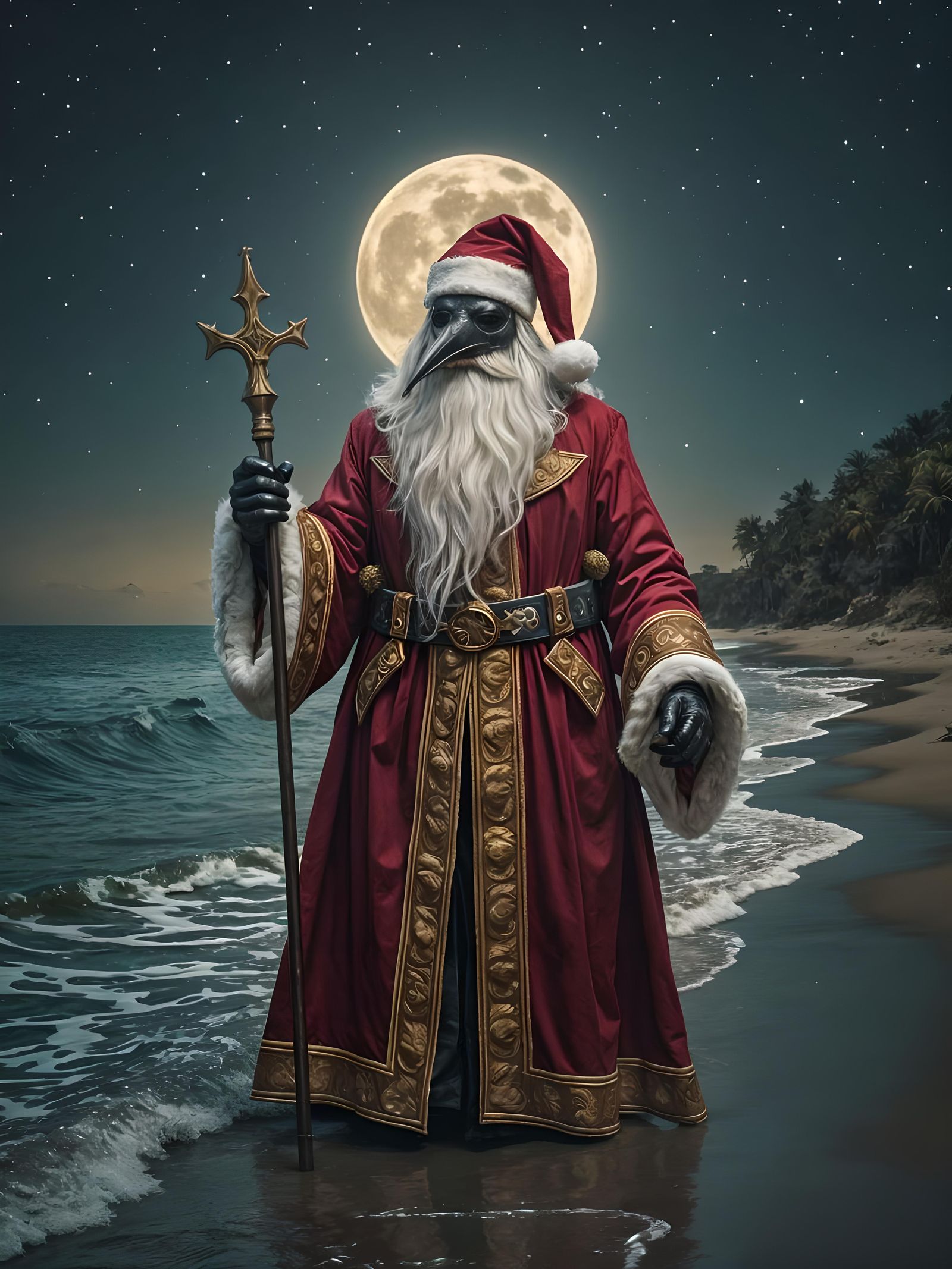 Santa Plague Doctor on Moonlit Beach