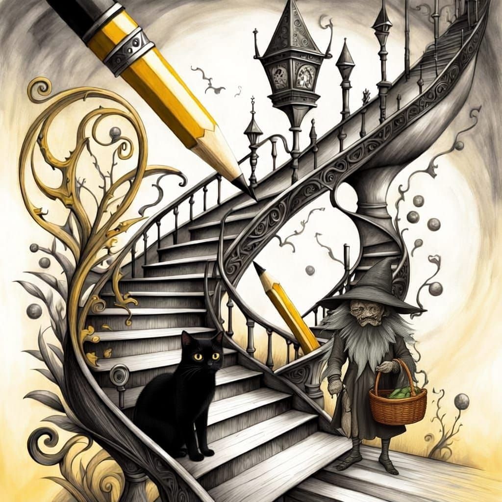 Giant Pencil Creates Staircase of Graphite and Symbols