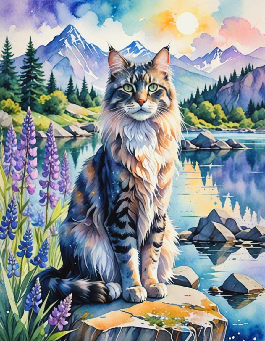 Cat with New Zealand Landscape in Watercolor Style