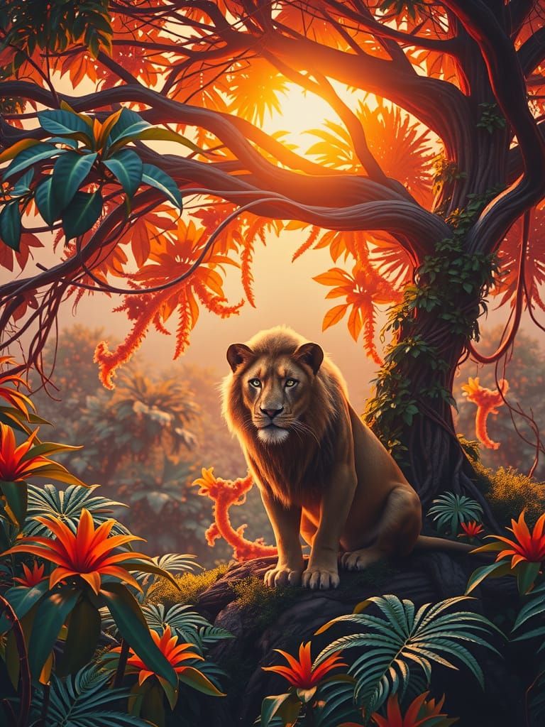 Majestic Lion with a shaggy golden mane and piercing emerald...