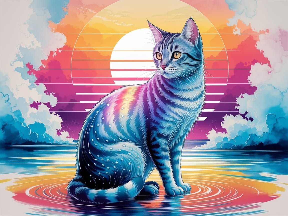 Water Cat in Dreamlike Sunset: Alcohol Ink Art