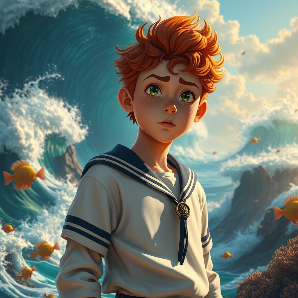 Heroic Sailor Boy in Vibrant Oceanic Fantasy Landscape