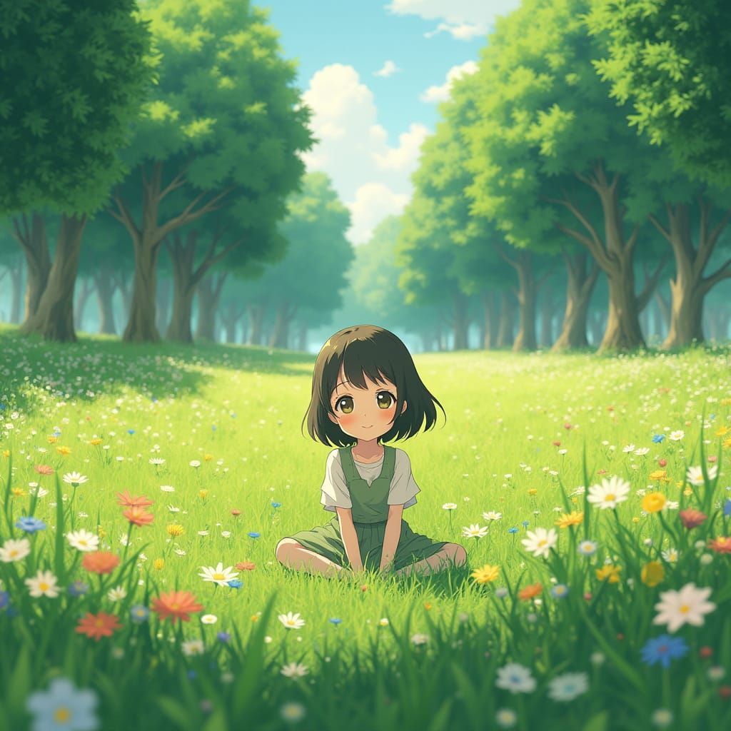 Anime Girl in Summer Meadow: Studio Ghibli Style