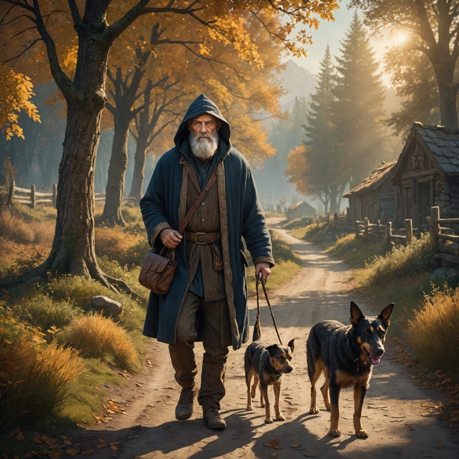 Elderly Man Walks Autumn Path: Fantasy Art