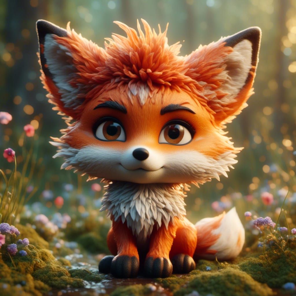 Cute Chibi Fox Portrait in Hyperdetailed Style
