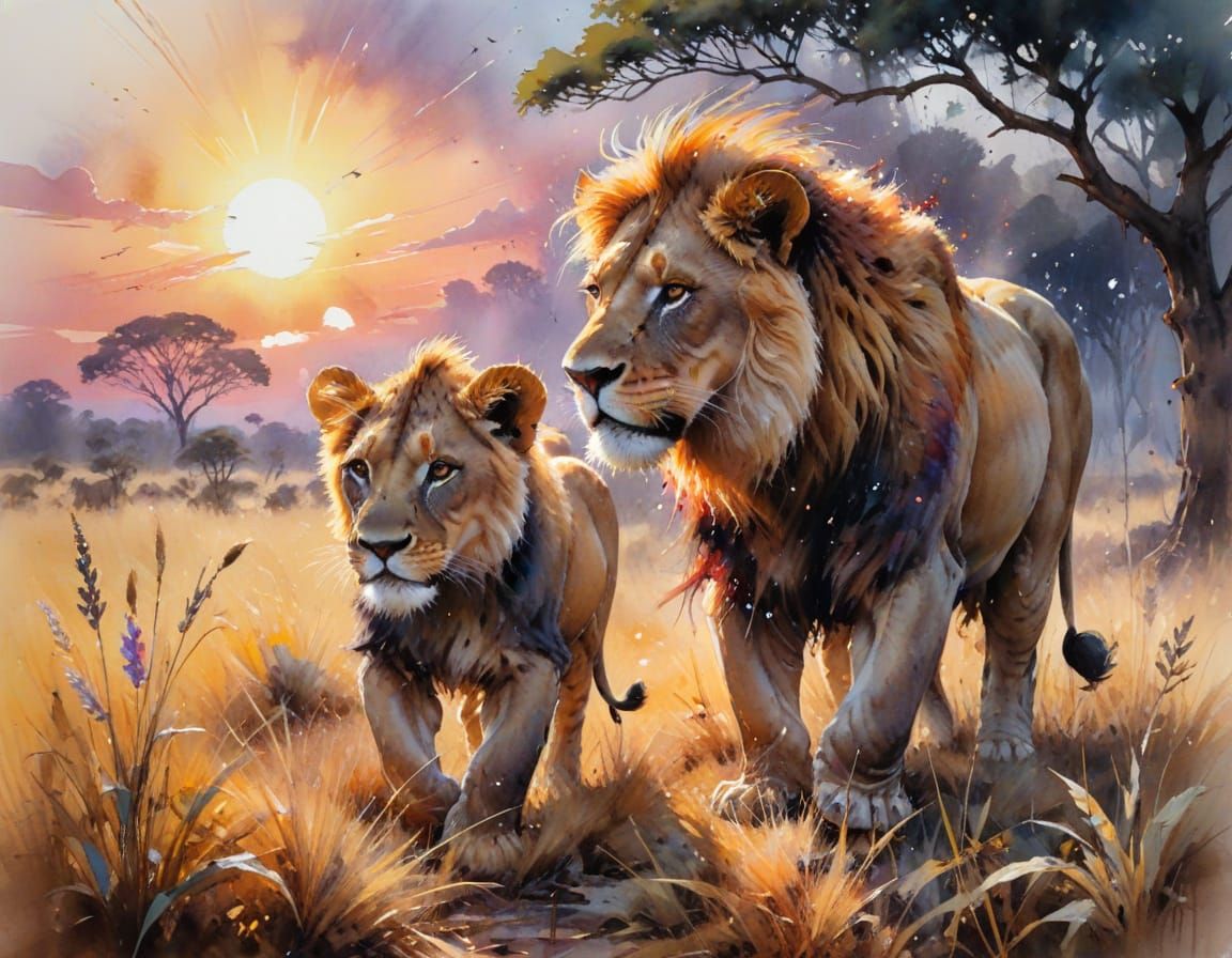 African Savanna Encounter at Dusk in Watercolour Style