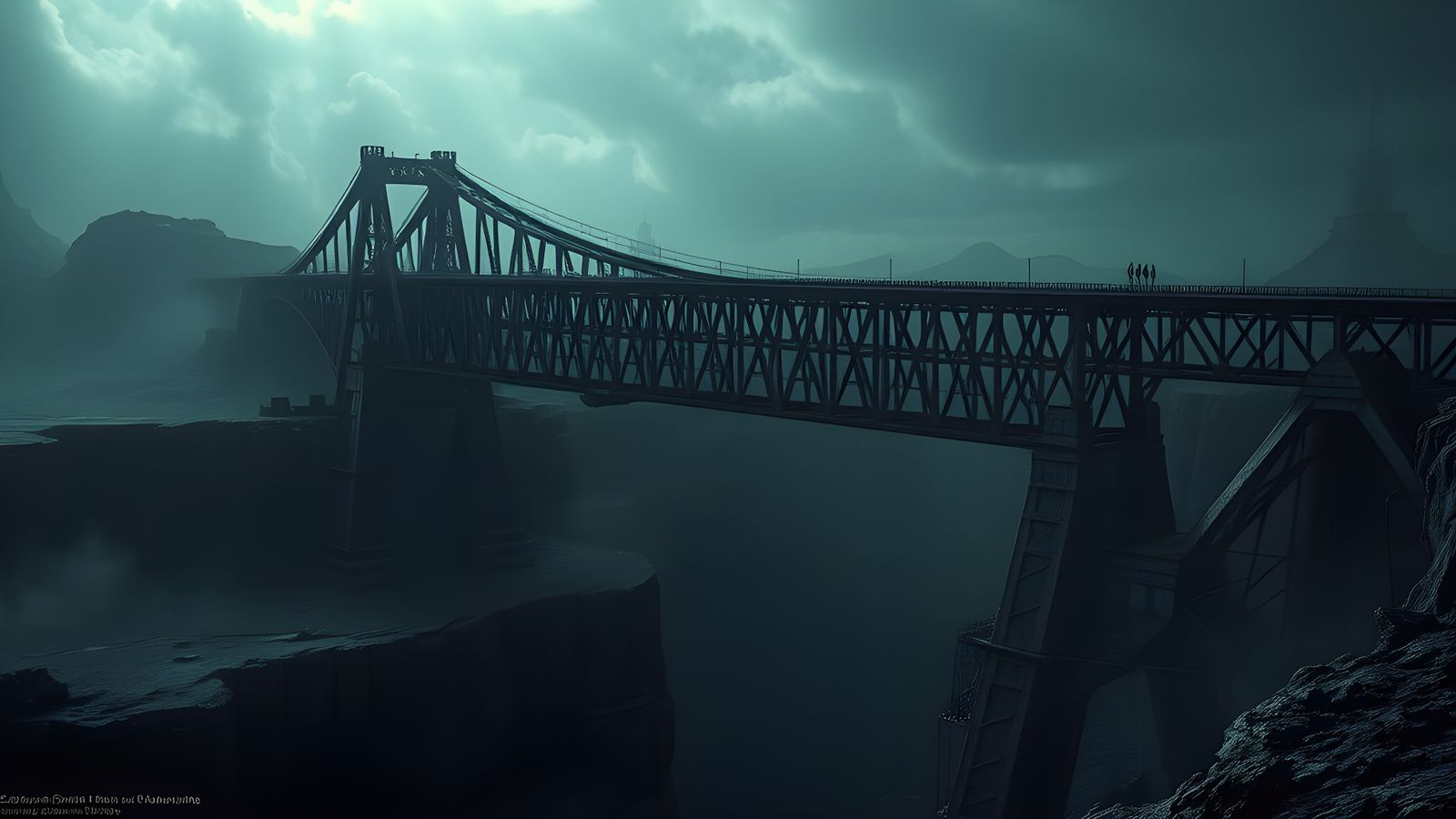 Twisted Steel Bridge Over Abyss: Dark Fantasy Art