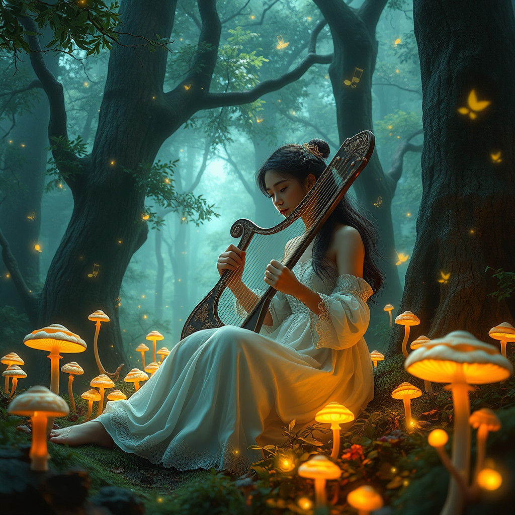 Serene Woman Plays Lyre in Vibrant Forest