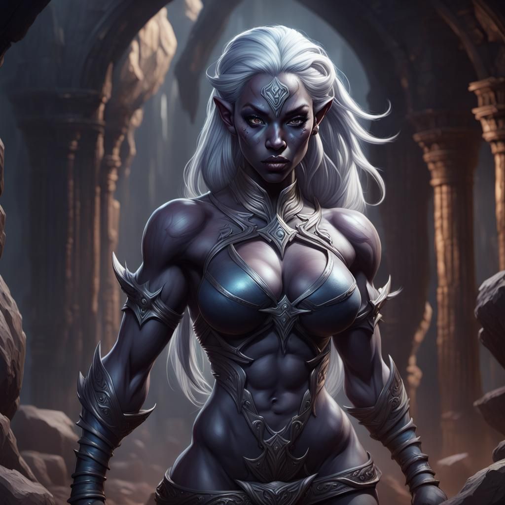 Muscle-bound Drow Female in Detailed Matte Painting