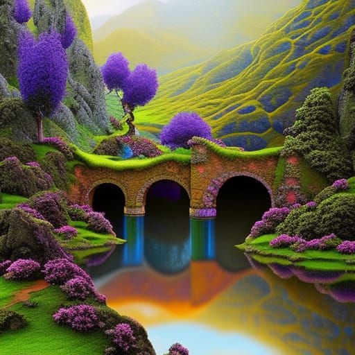 Fantastical Mountain Village Landscape in Oil on Canvas