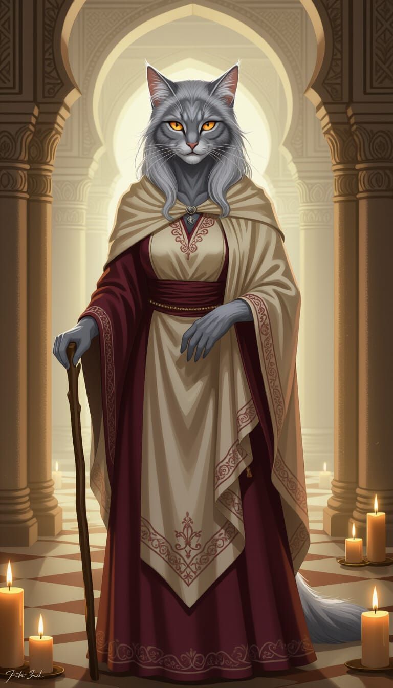 Wise Humanoid Cat Caretaker in Candlelit Palace