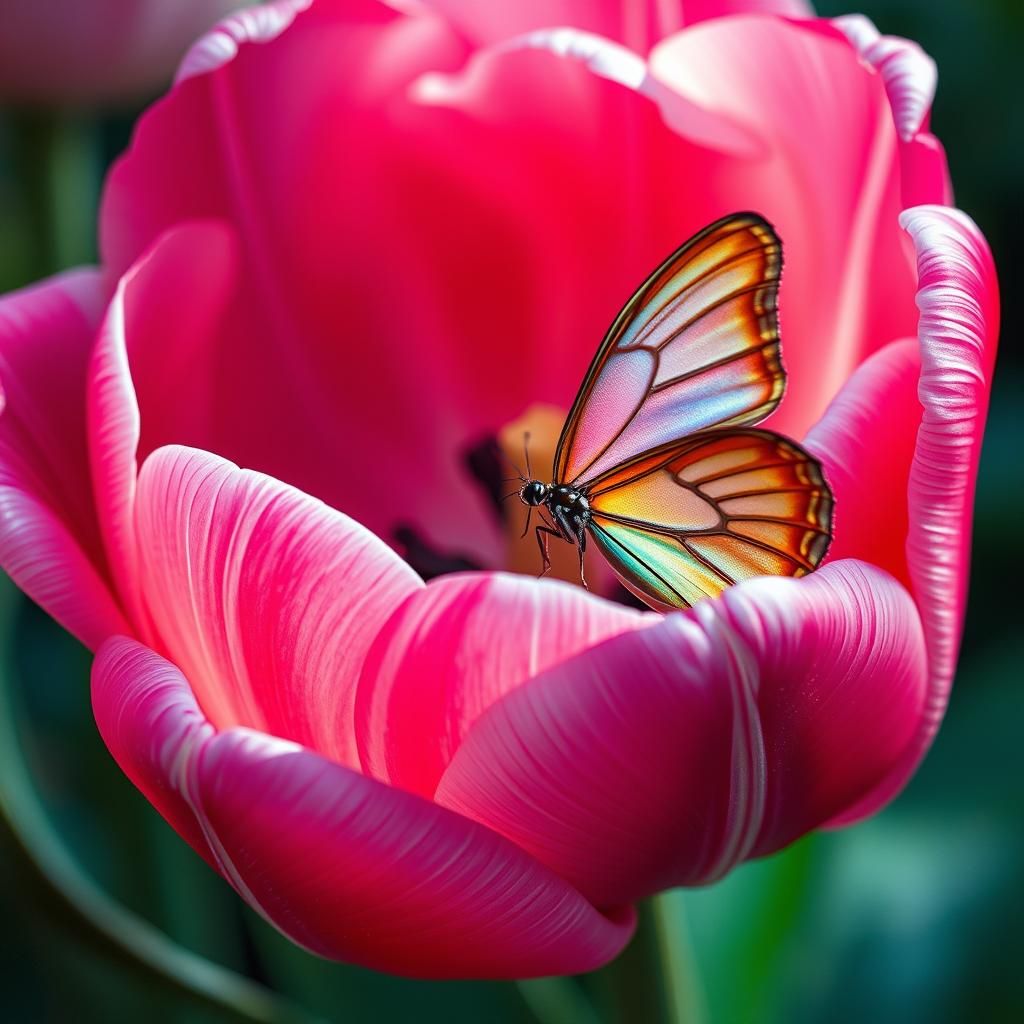 Iridescent Butterfly on Queen of the Night Tulip
