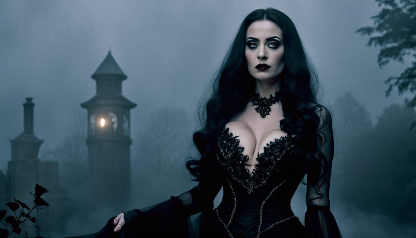 Morticia Addams Gothic Portrait in Dark Romanticism Style