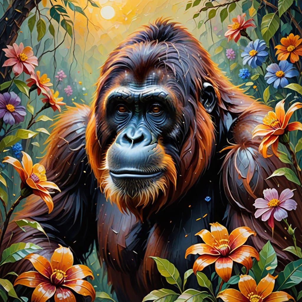 Impressionistic Orangutan Portrait in Oil with Flowers