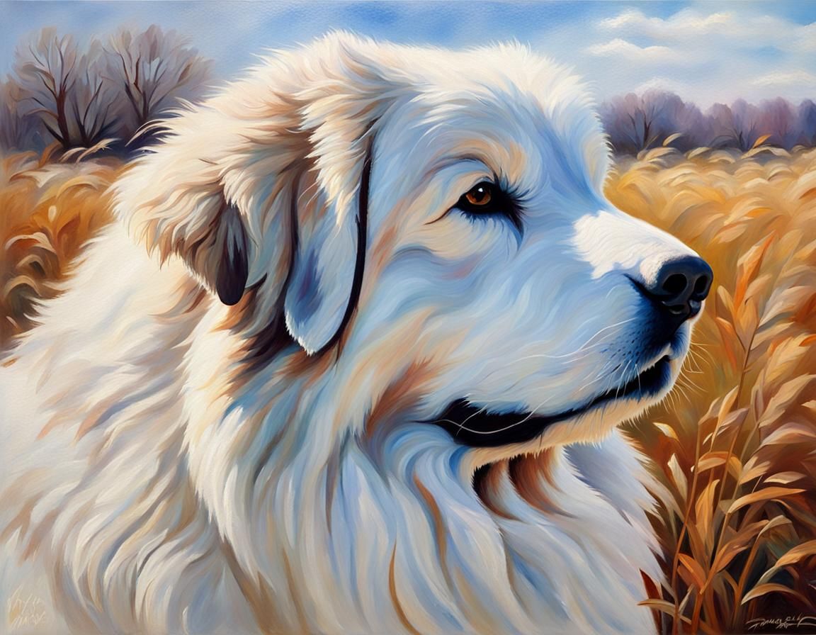 Great Pyrenees Dog Portrait in Impressionist Oil Painting
