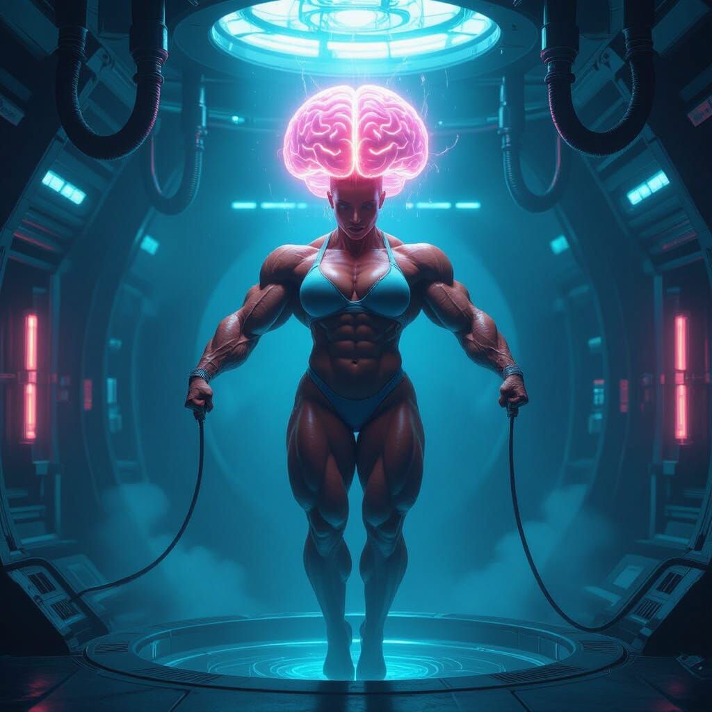 Muscular Woman Floating in Serum Chamber