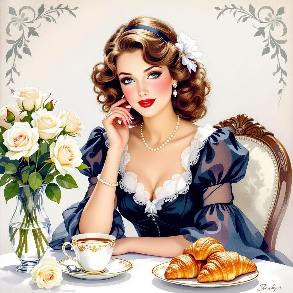 Romantic Woman with Coffee and Roses in Watercolor Style