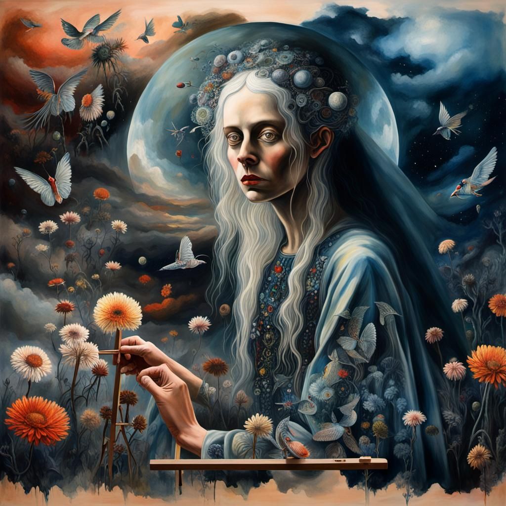 Surreal Painting on Easel in Organicpunk Style