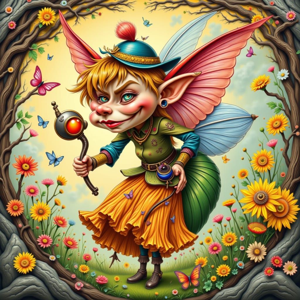 Whimsical Pixie Prankster in Fantastical Caricature Style