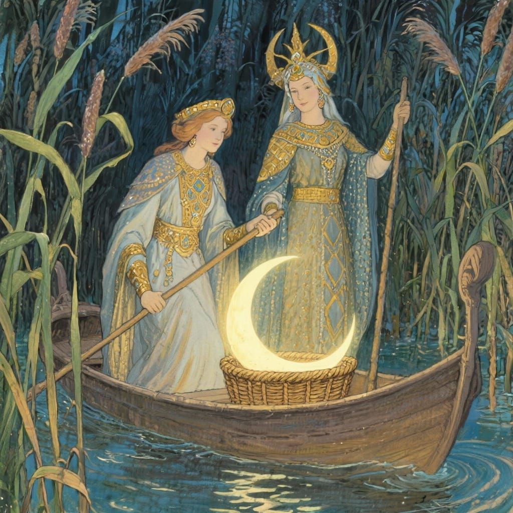 Regal Priestesses Transport Glowing Moon Through Reeds