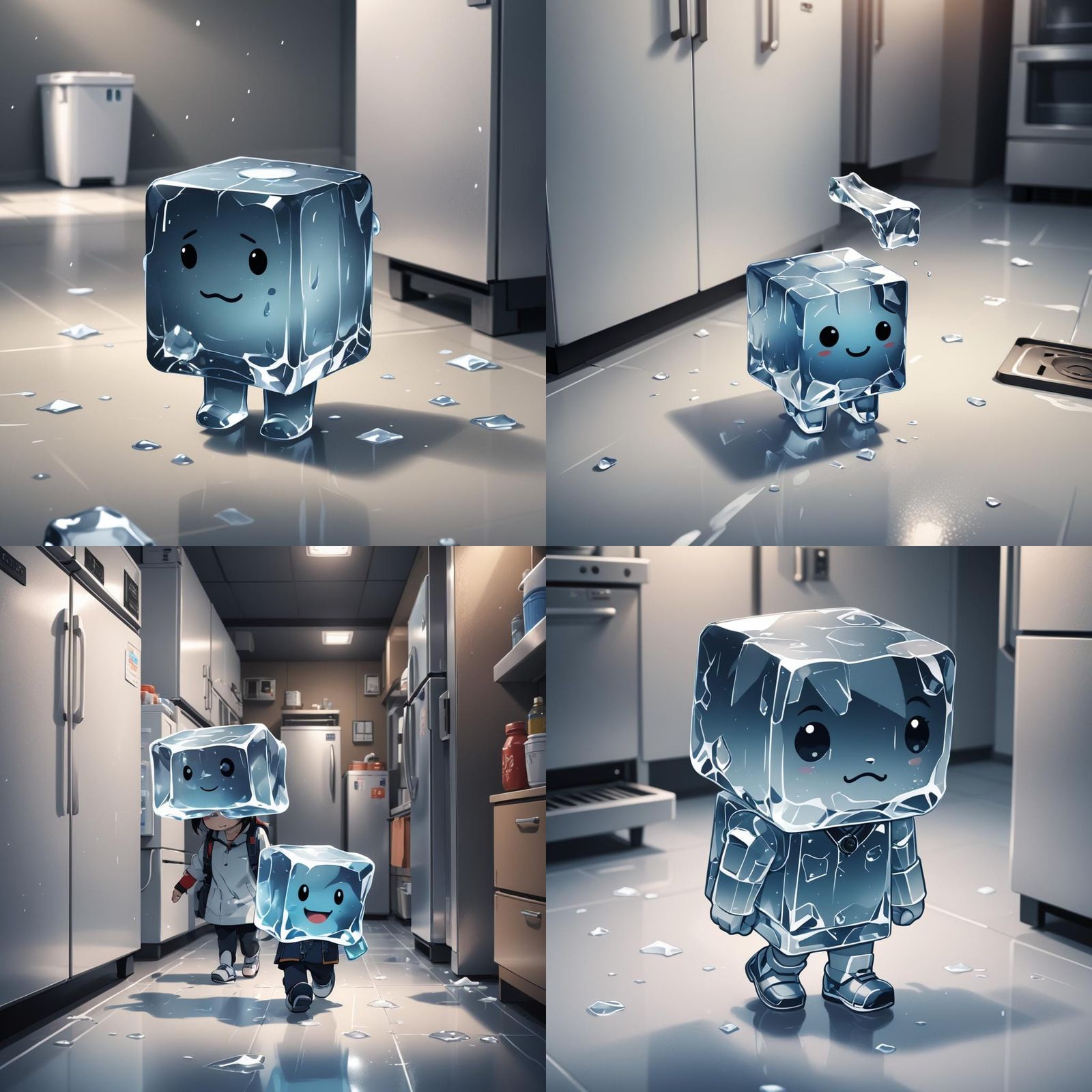 Cute Ice Cube Walks to Fridge: Cel-Shaded Anime Art