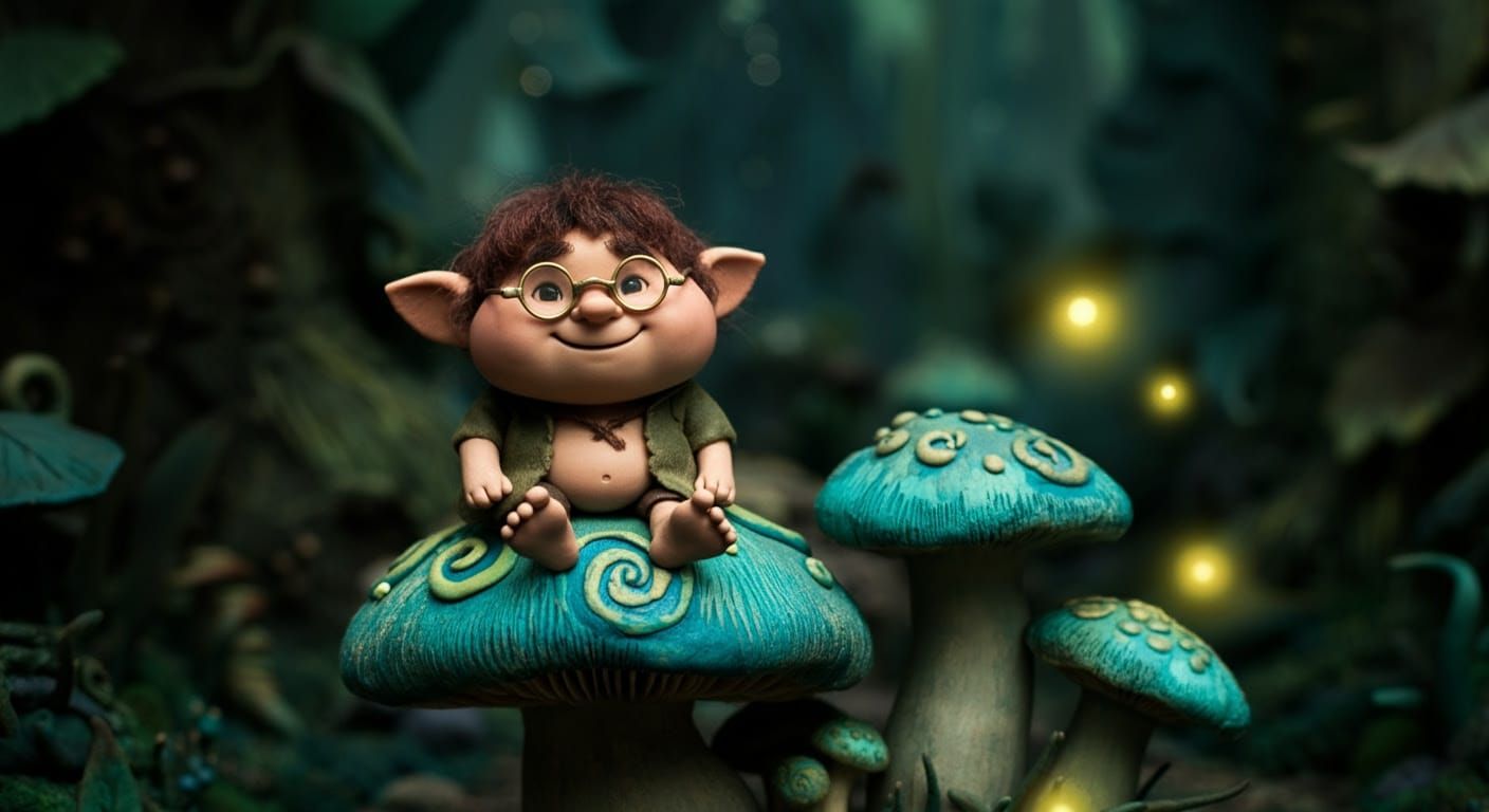 Whimsical Hobbit on a Vibrant Toadstool in a Fantastical For...