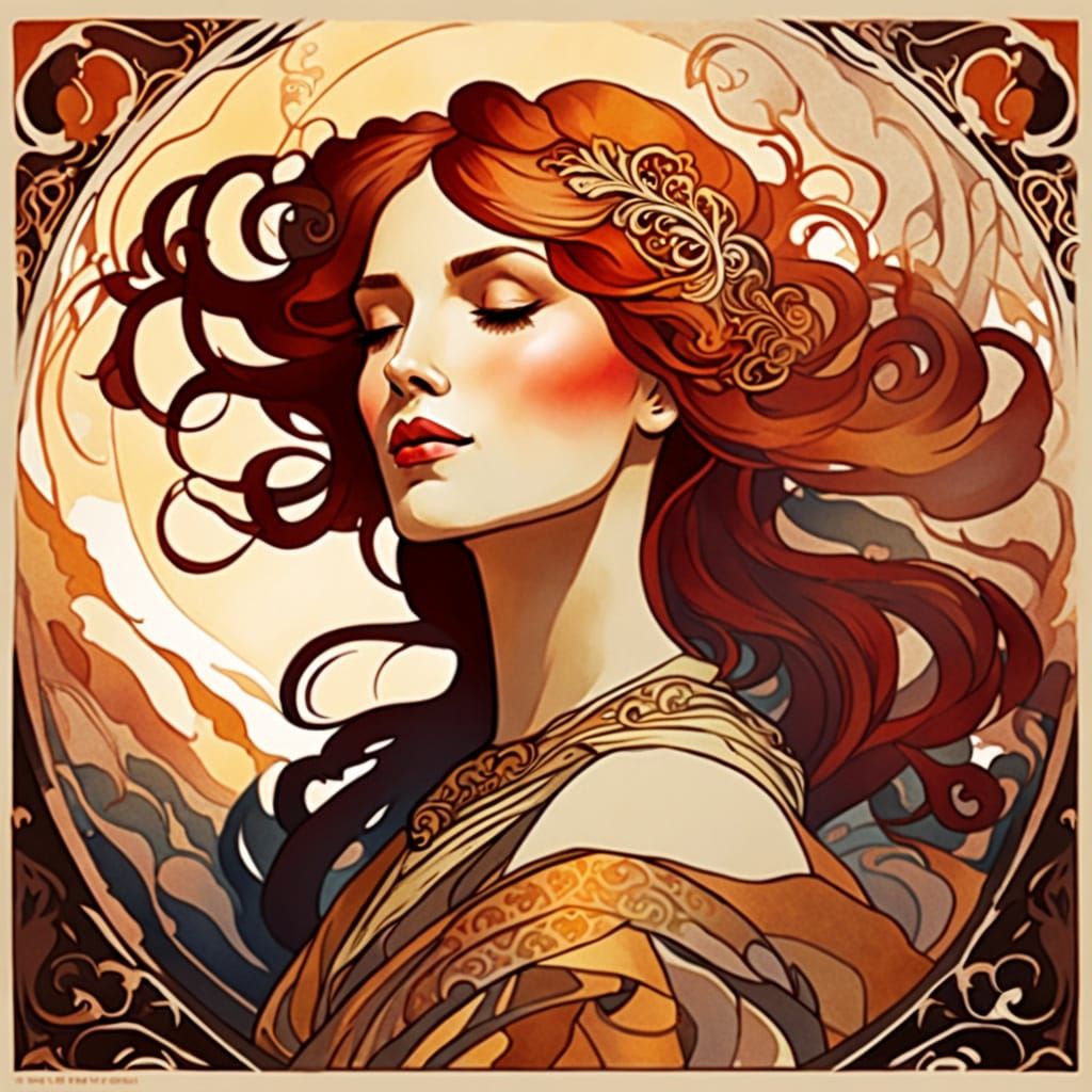 Auburn-Haired Woman in Alphonse Mucha Watercolor