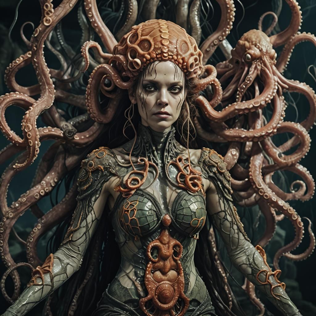 Metallic Octopus Goddess: A Cinematic Film Still