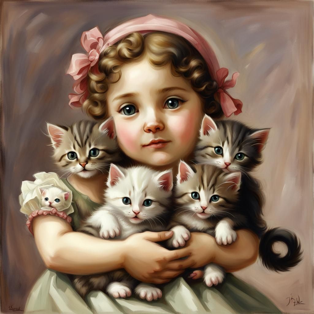 Kittens Gently Holding a Doll