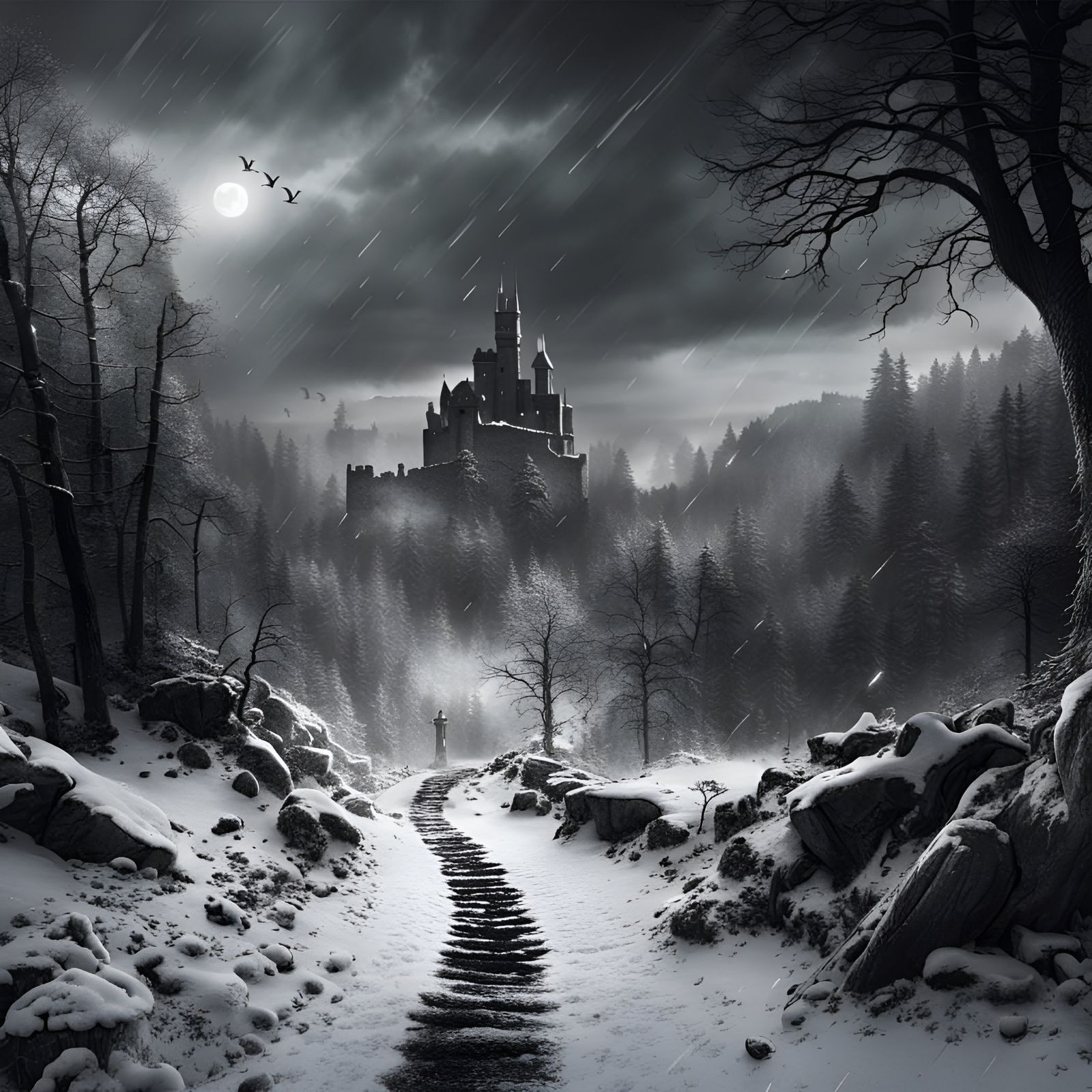 Dark Forest Path to Castle Ruins in Winter
