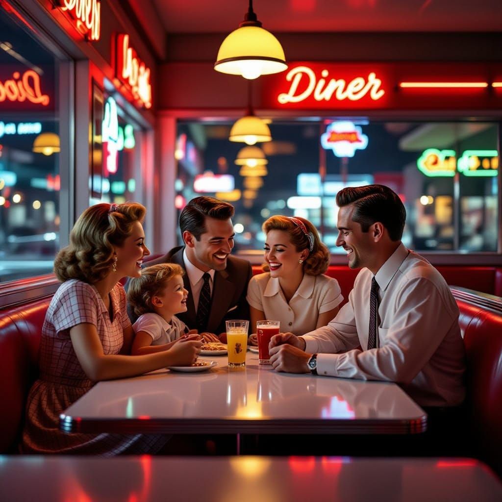 1950s Family Enjoys Neon-Lit Diner Booth