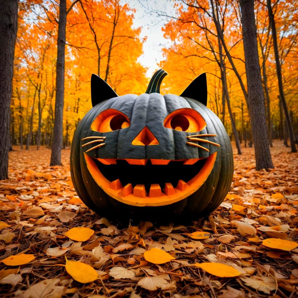 Whimsical Autumn Pumpkin and Black Cat Illustration