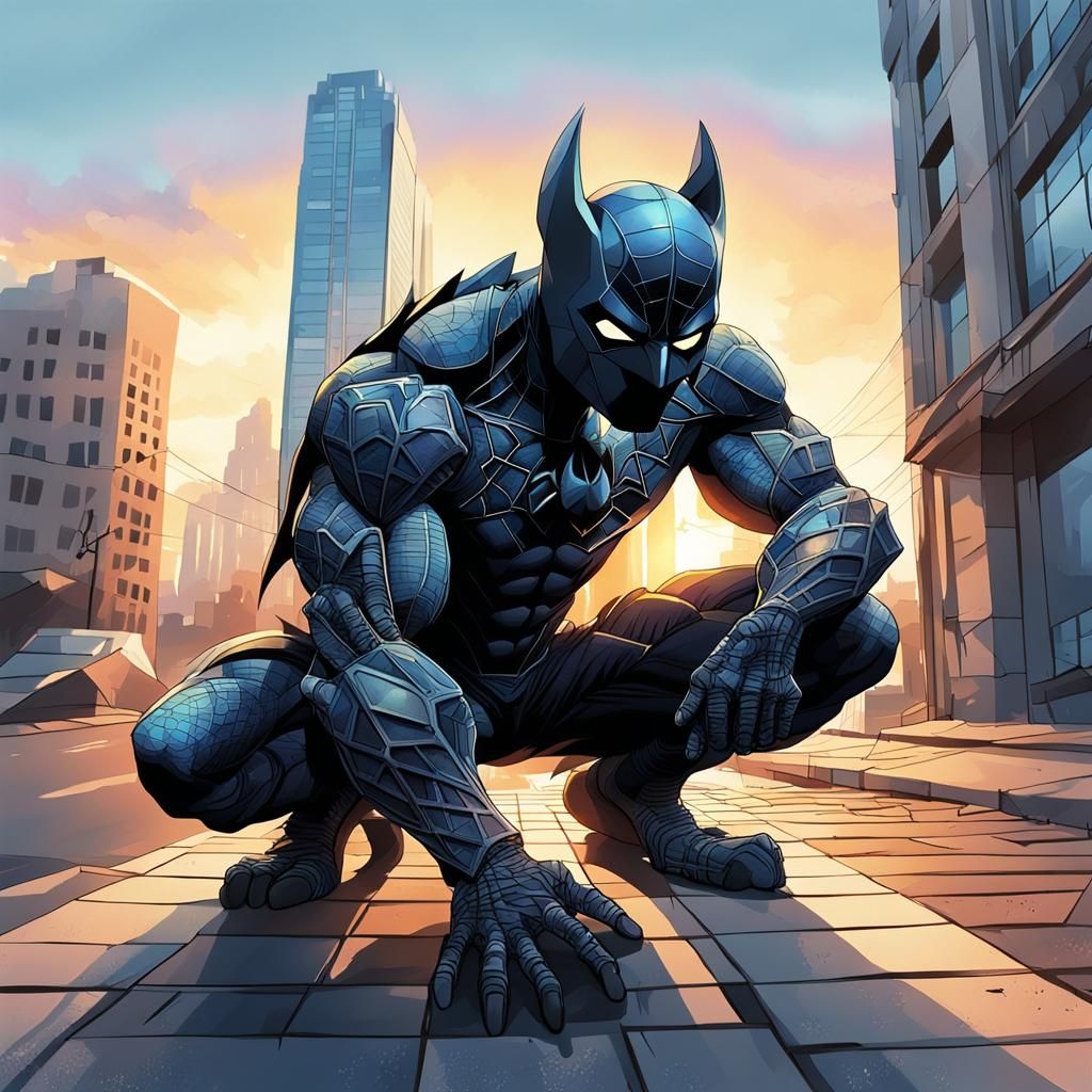 Batman Crouching at Sunset: Hyperrealistic Watercolor Illust...