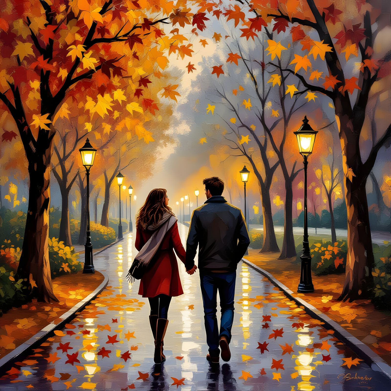 Impasto Oil Painting of Couple in Autumn Park at Night