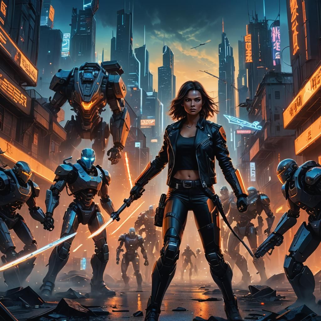 Heroic Woman Battles Robots in Dystopian Cityscape