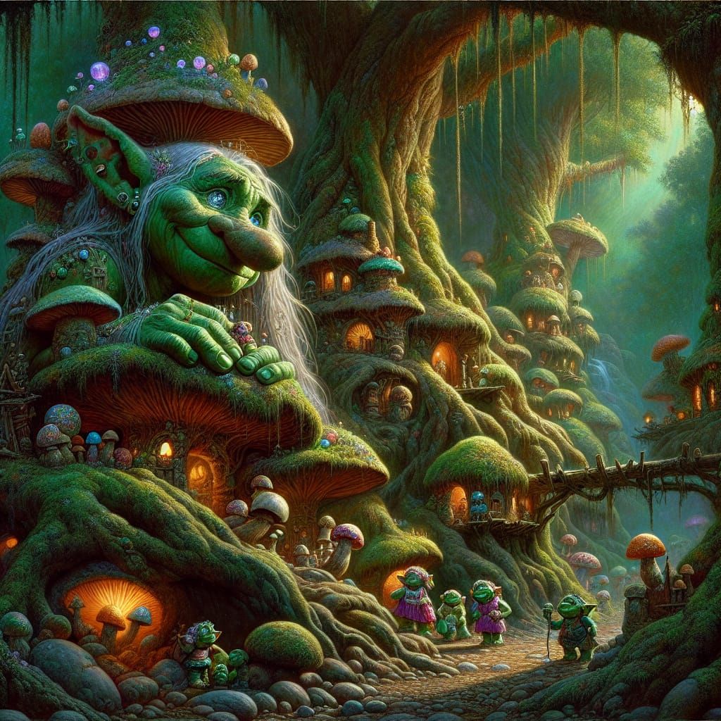 Whimsical Troll Village in Hyperrealistic Fairy-Tale Style