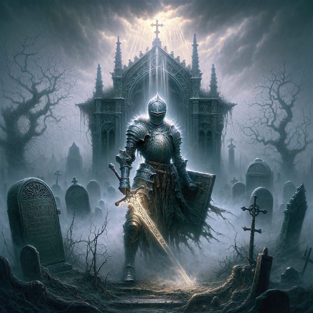 Gothic Knight Guards Foggy Mausoleum at Midnight