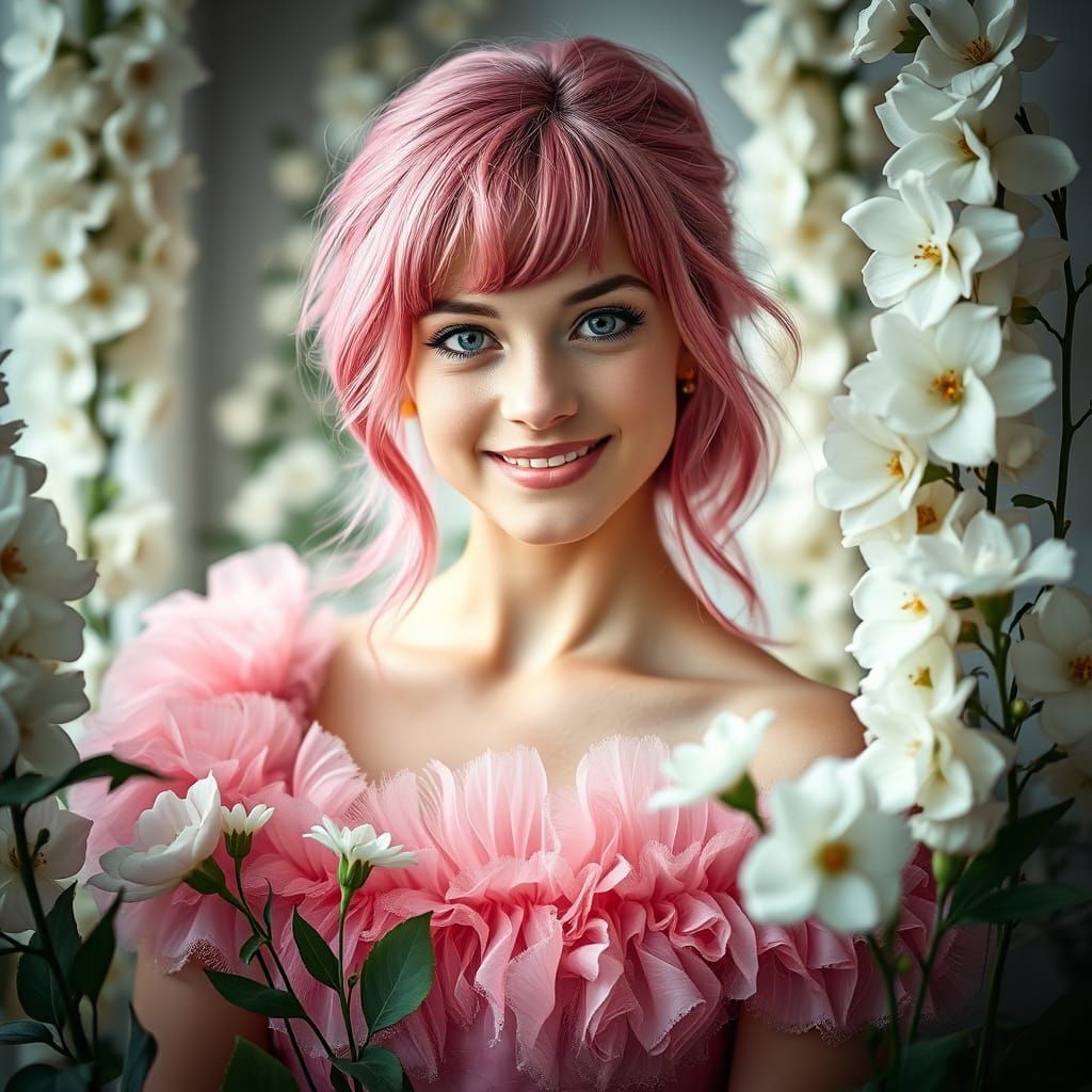 Petite Pink Haired Woman in White Floral Photo Shoot