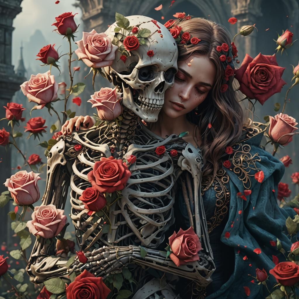 Girl Embracing Skeleton with Roses: Detailed Matte Painting