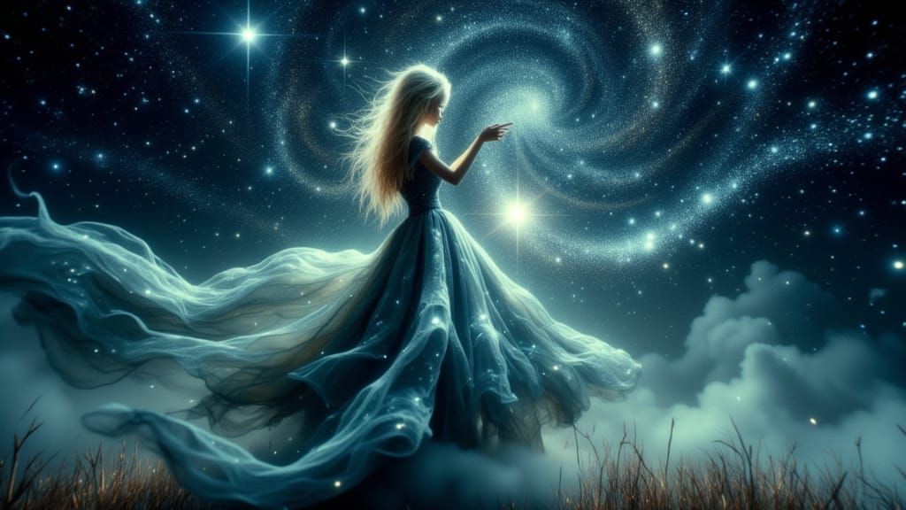Ethereal Woman Gathers Stars in Mystical Night Sky