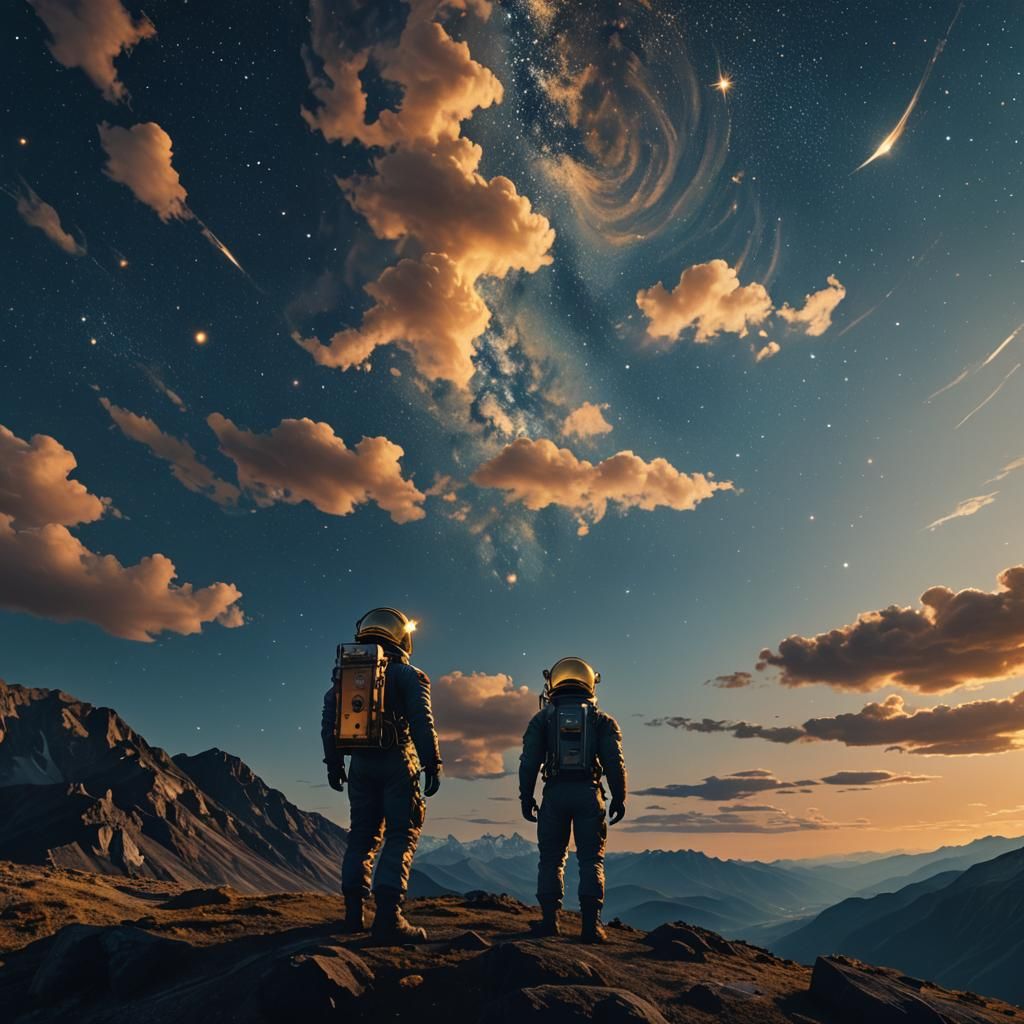 Astronaut Silhouette Under Starry Sky as Impressionist Paint...