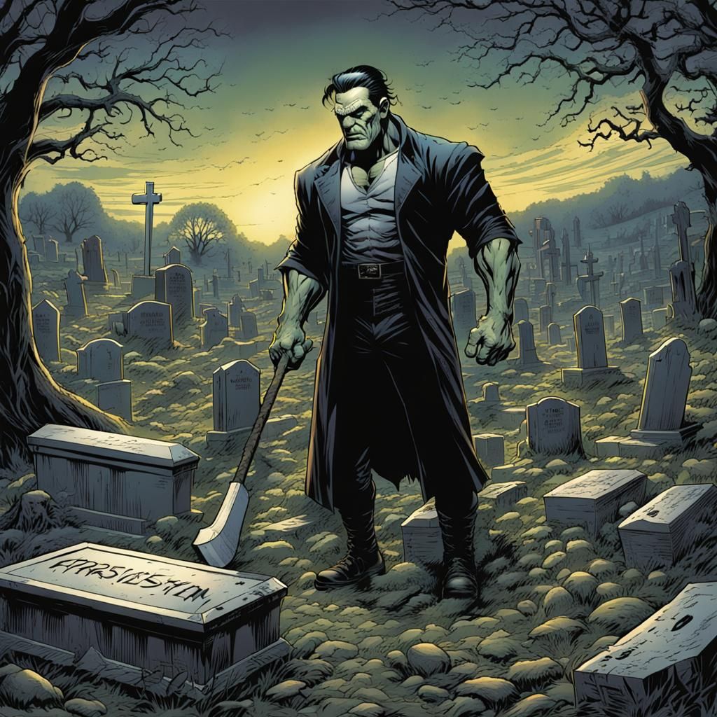 Muscular Frankenstein in Graveyard Comic Book Art