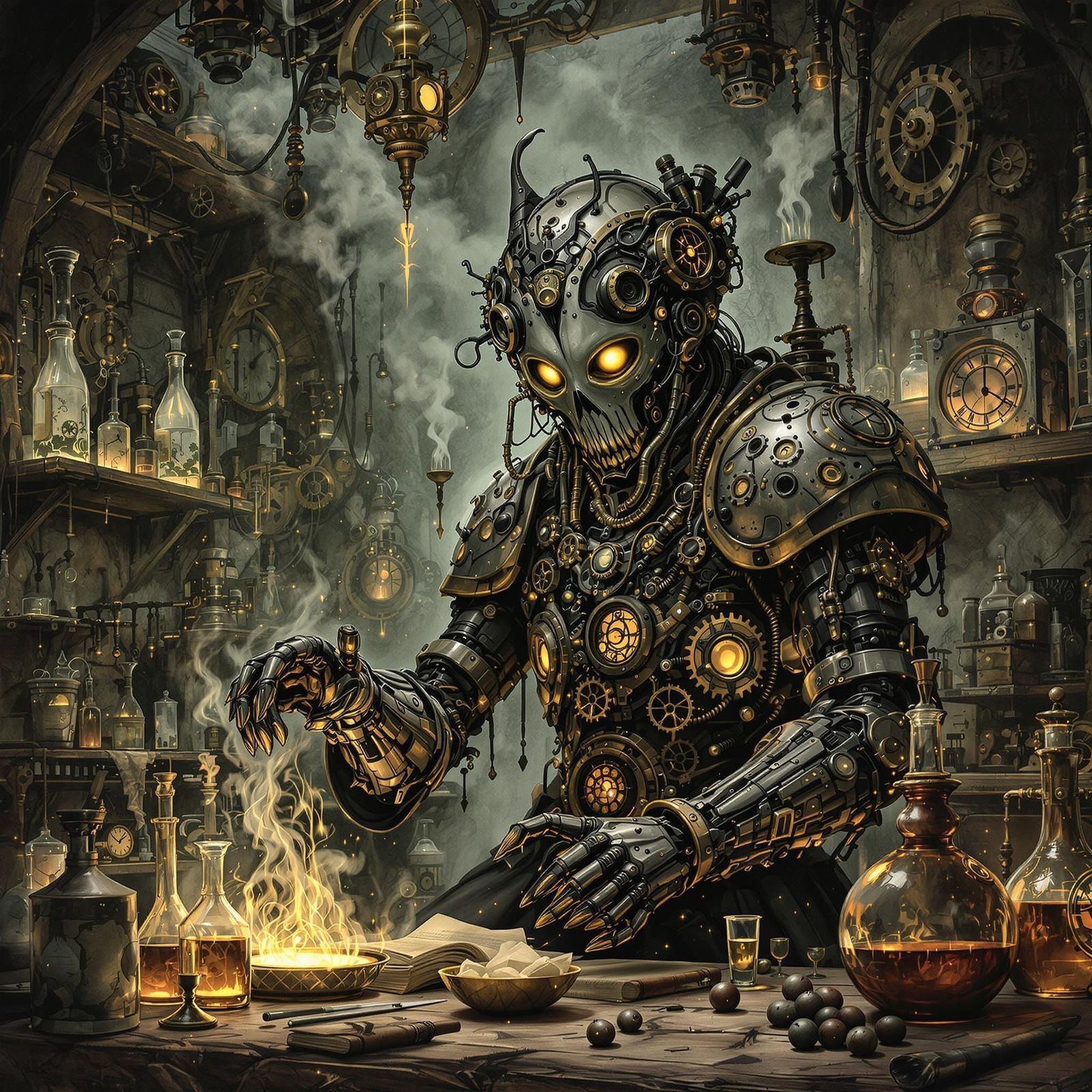 Gothic Cyborg Alchemist Brewing Potions: Steampunk Fantasy