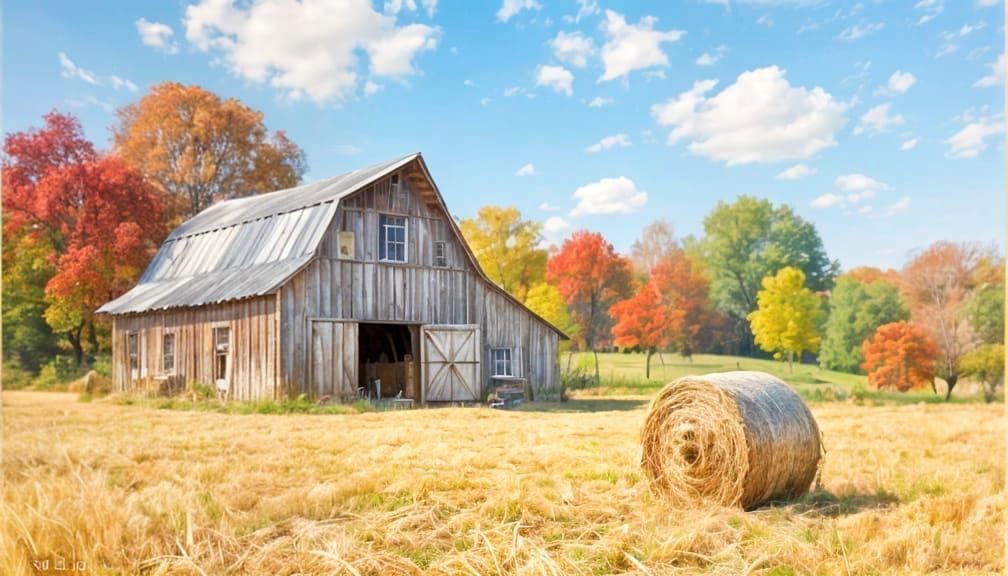 Idyllic Autumn Barn and Hay Bale Scene