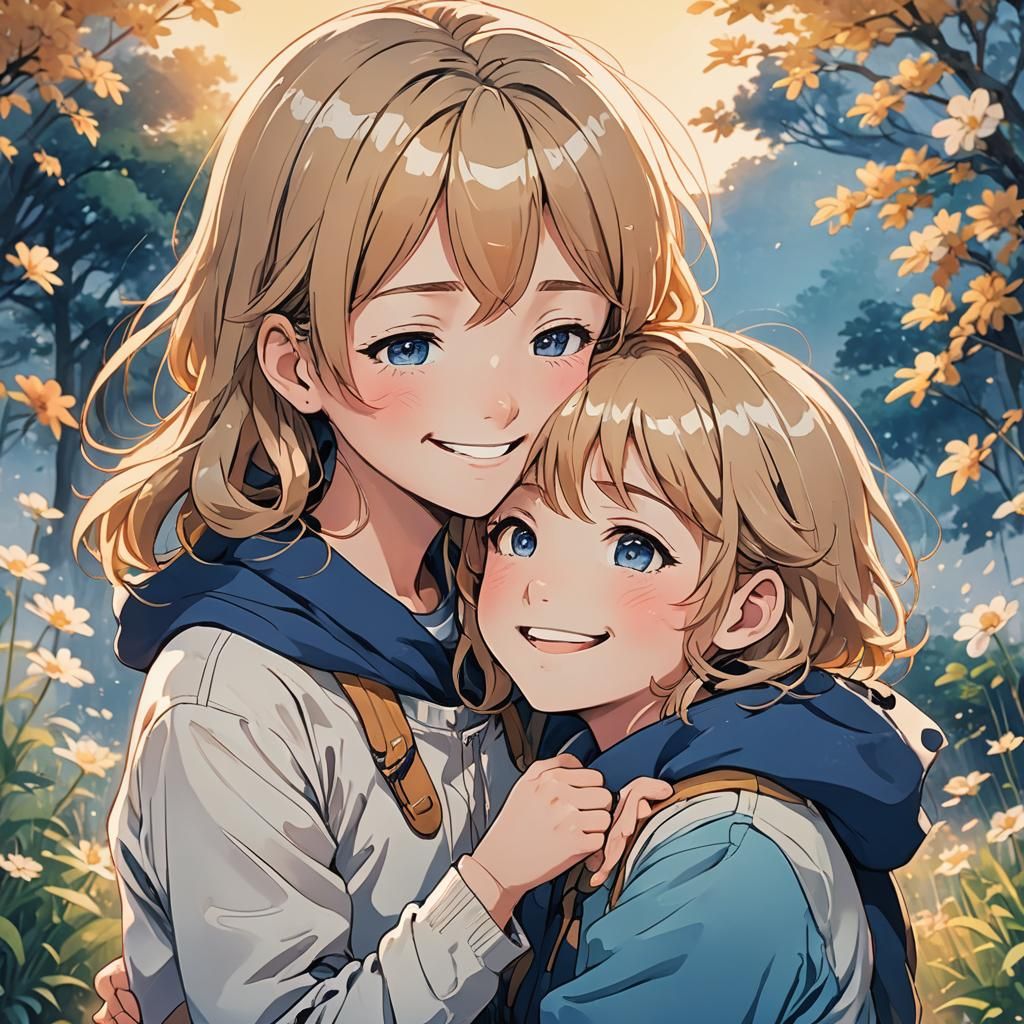 Heartwarming Anime Embrace in Vibrant Pastel Colors