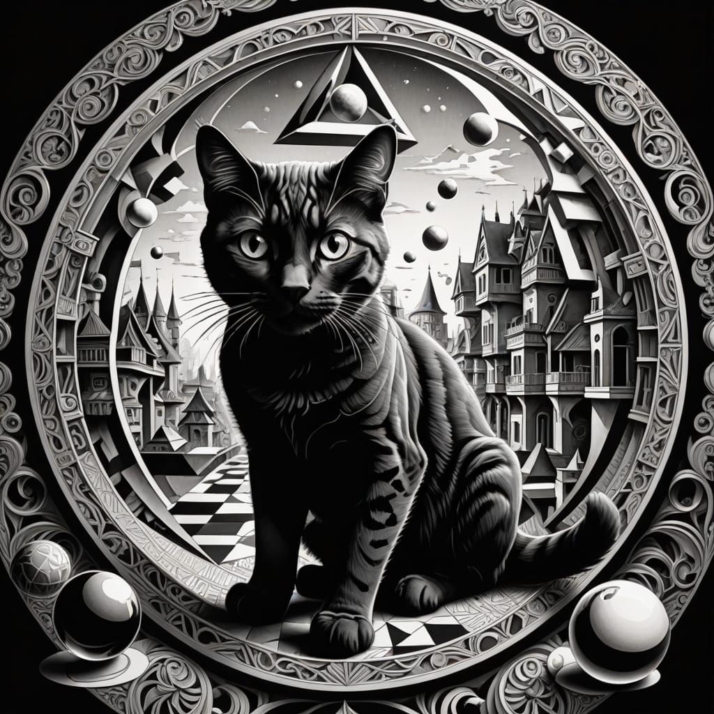 Surrealist Pencil Sketch in M.C. Escher Style with Curious C...