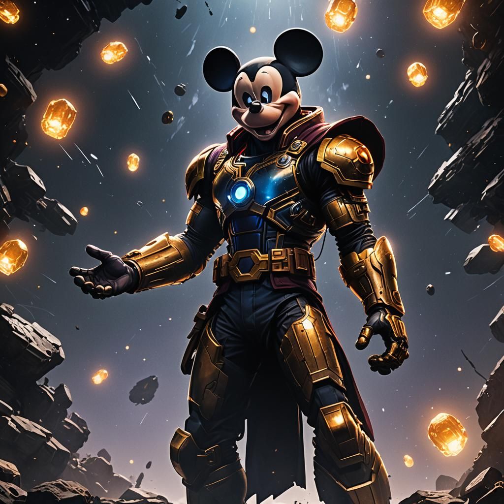 Mickey Mouse Wields Infinity Gauntlet in Desolate Space