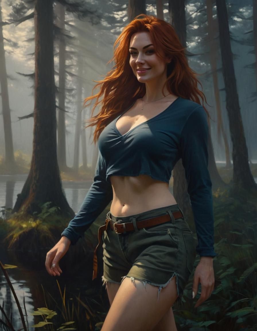 Woman in Misty Forest: Chiaroscuro Oil Painting