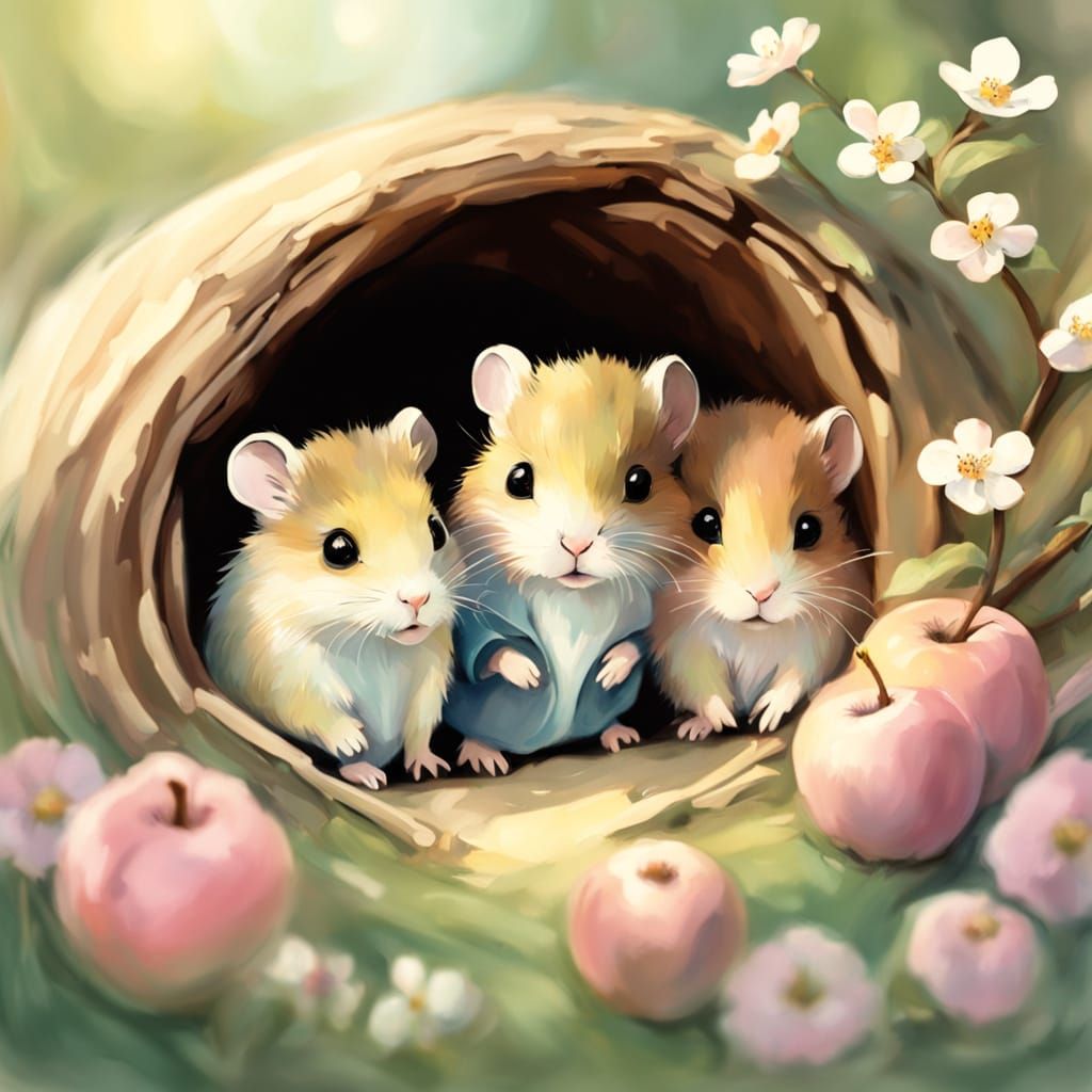 Whimsical Watercolor Scene of Hamsters in a Cozy Burrow Bene...