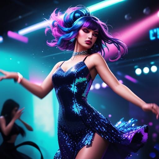 Woman Dancing in Nightclub with Neon-Noir Style